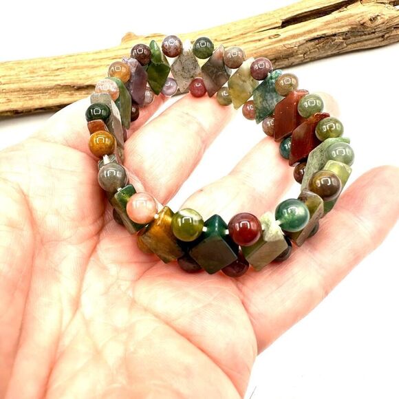 Polished Natural Stone Multicolored Agate Stretch Bracelet - Picture 5 of 6